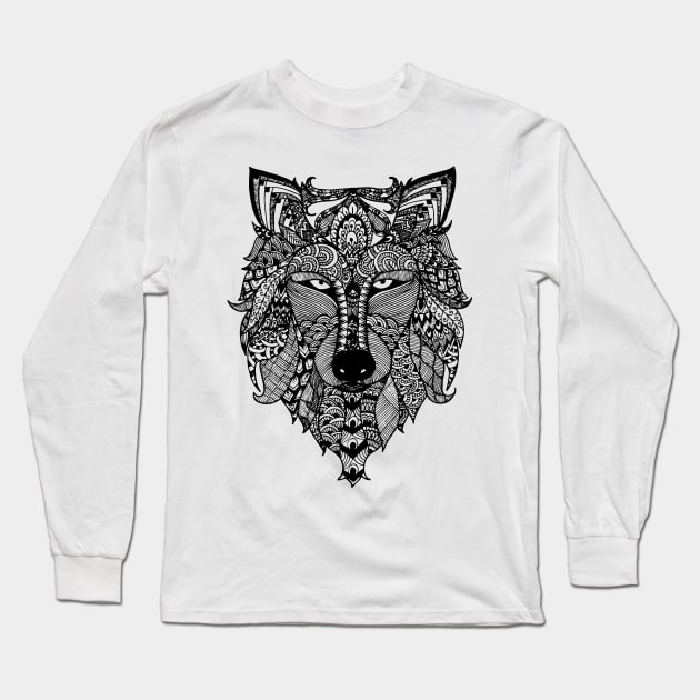 Zentangle Wolf Long Sleeve T-Shirt by Shweta.Designs